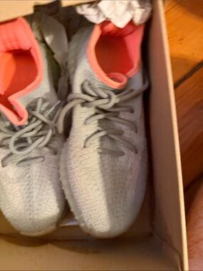 Yeezy Knit Sneakers in Light Gray with Coral Inner Liner
